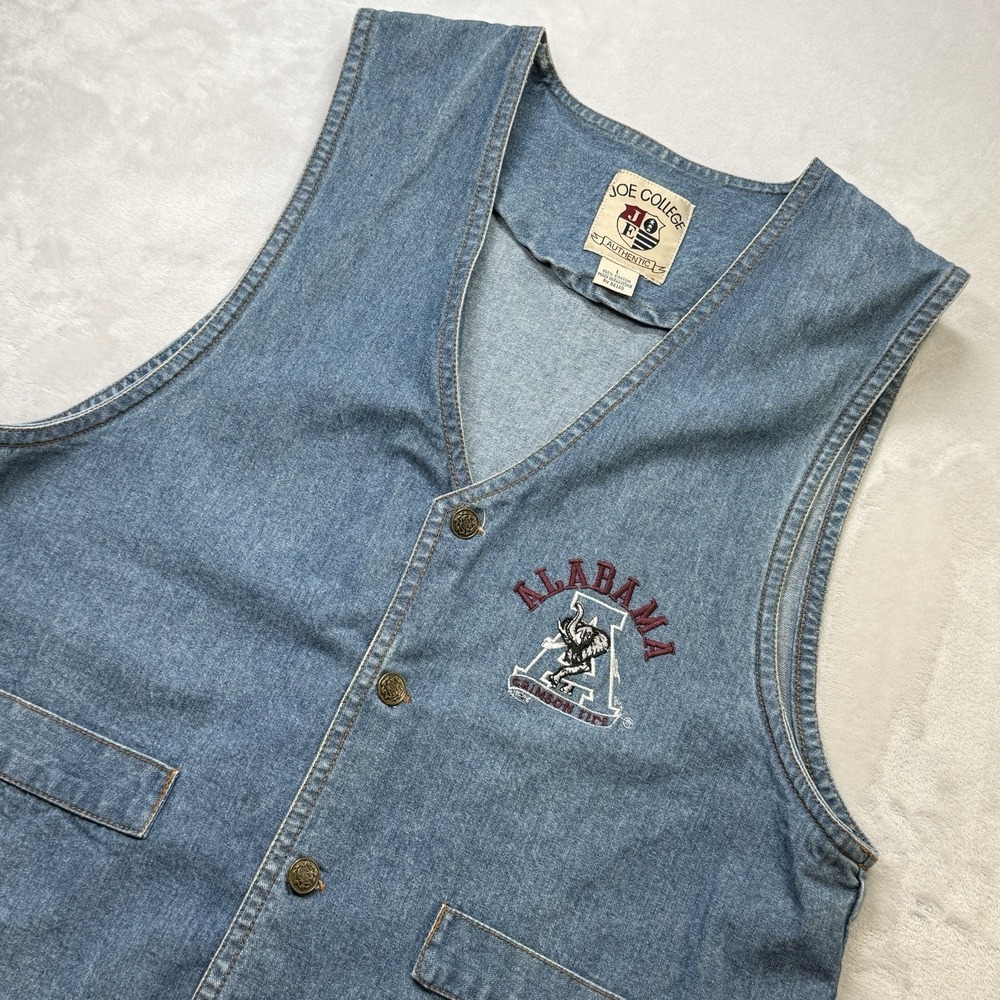 Vintage Alabama Crimson Tide Denim Vest Joe College Mens Large USA